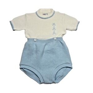 Atkins Vintage Baby Knit Sweater Set Newborn Blue Reindeer Retro Grandmacore